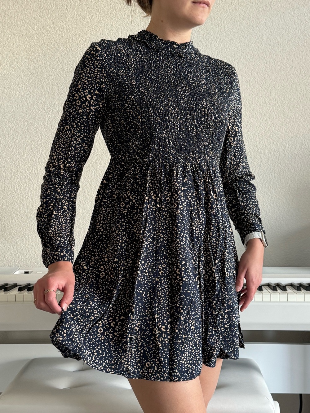 Zara Smocked Mock-Neck Navy Floral Long-Sleeve Dress